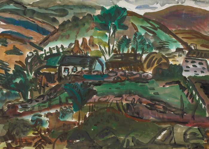 LANDSCAPE WITH COTTAGES AND MOUNTAIN by Norah McGuinness HRHA (1901-1980) at Whyte's Auctions