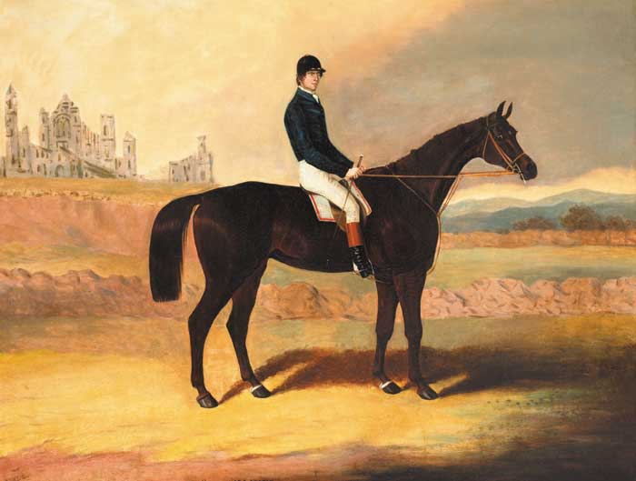 A DARK BAY RACEHORSE WITH JOCKEY UP AND A VIEW OF ABBEY RUINS BEYOND by Samuel Spode (fl.1825-58) at Whyte's Auctions