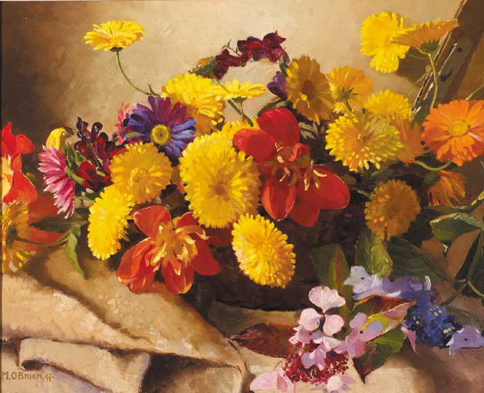 BASKET OF FLOWERS (CHRYSANTHEMUM, DAISIES, LILIES AND HYDRANGEA), 1947 by Geraldine M. O'Brien (b.1922) at Whyte's Auctions