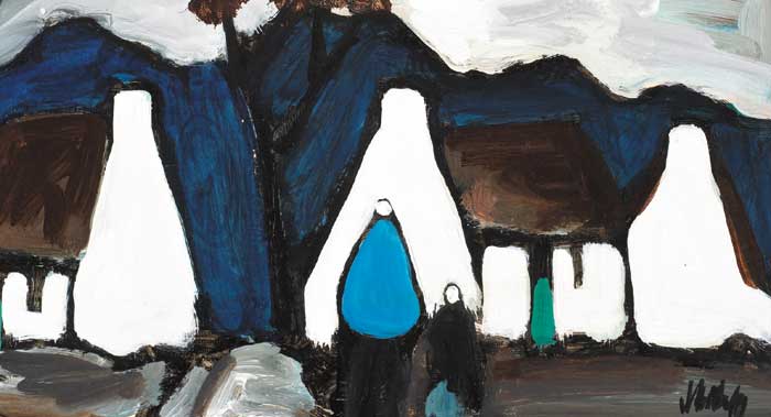 WOMAN AND CHILD BEFORE COTTAGES AND MOUNTAINS by Markey Robinson (1918-1999) (1918-1999) at Whyte's Auctions