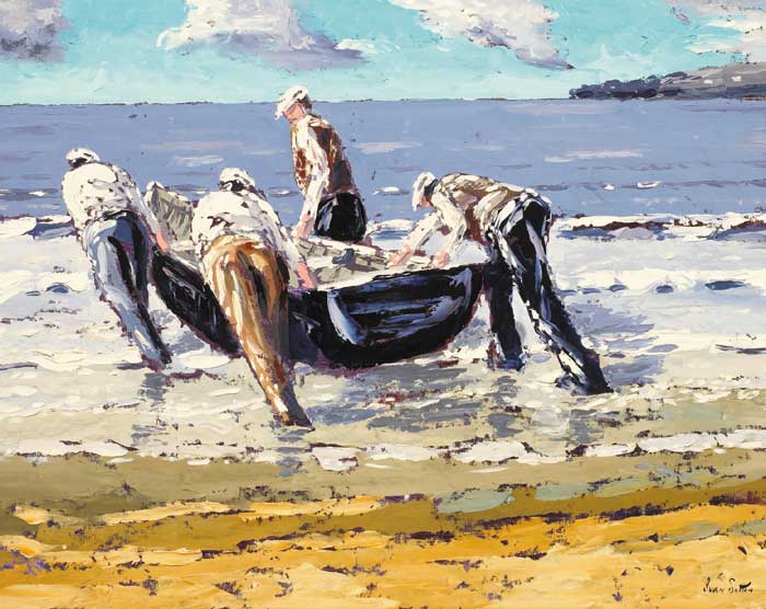 LAUNCHING THE CURRACH, INISHEER, ARAN ISLANDS by Ivan Sutton sold for �8,500 at Whyte's Auctions