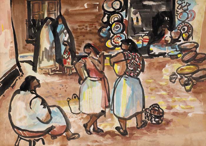 A GROUP OF FISHERMEN'S WIVES FROM PEDREGALOS, SPAIN by George Campbell RHA (1917-1979) at Whyte's Auctions