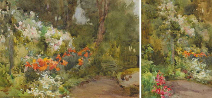 HERBACEOUS BORDER WITH GARDEN BENCH and WOODLAND PATH, KILMURRAY (A PAIR) by Mildred Anne Butler RWS (1858-1941) at Whyte's Auctions