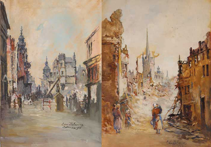 HENRY STREET, DUBLIN, AFTER THE EASTER RISING, 1916 and WOMEN AND CHILDREN BEFORE CITY RUINS, 1916 (A PAIR) by Edmond Delrenne (Belgian, fl.1915-18)<R> at Whyte's Auctions