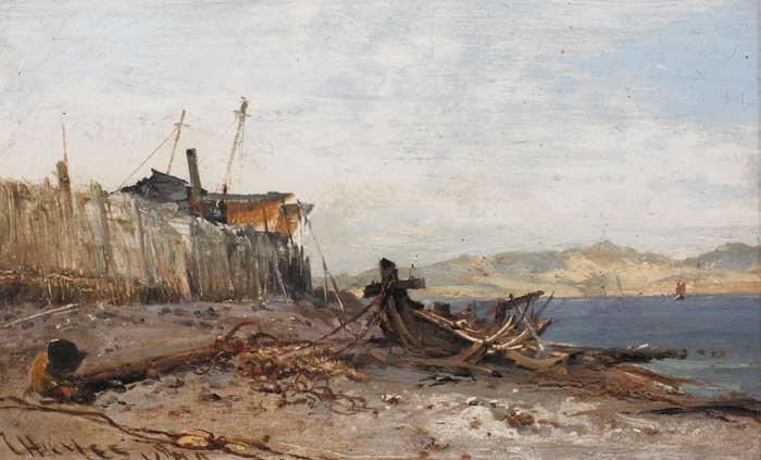 OLD PIER, OLD WRECK, OLD ANCHORS AT PADSTOW BEACH, 1879 by Edwin Hayes sold for �5,700 at Whyte's Auctions