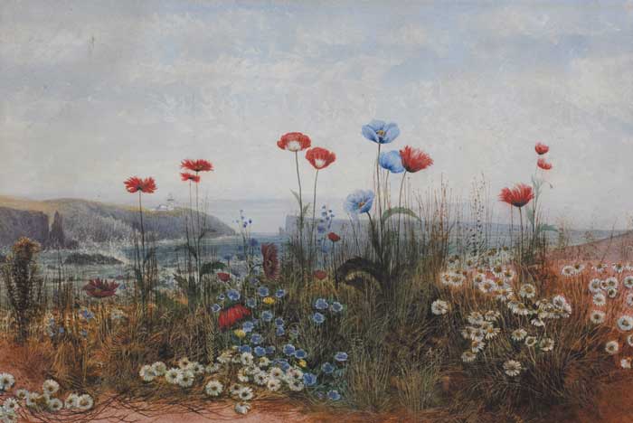 ENTRANCE TO THE HARBOUR WITH BANK OF WILD FLOWERS IN THE FOREGROUND by Andrew Nicholl RHA (1804-1886) at Whyte's Auctions