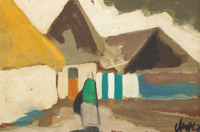 WOMAN IN GREEN BEFORE THATCHED COTTAGE AND MOUNTAINS by Markey Robinson (1918-1999) at Whyte's Auctions