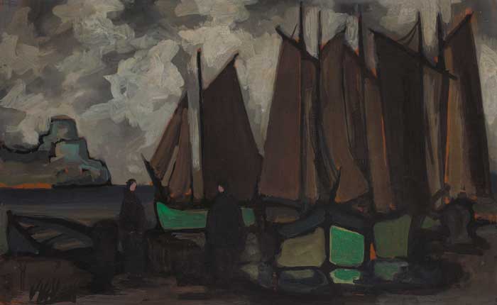 GALWAY HOOKERS BY A QUAY by Markey Robinson (1918-1999) at Whyte's Auctions