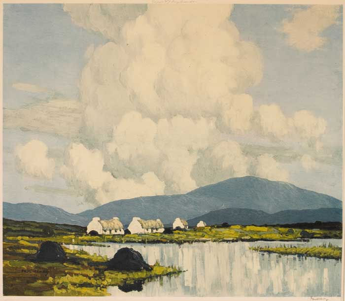COTTAGES AND TURF STACKS BY A LAKE by Paul Henry RHA (1876-1958) at Whyte's Auctions