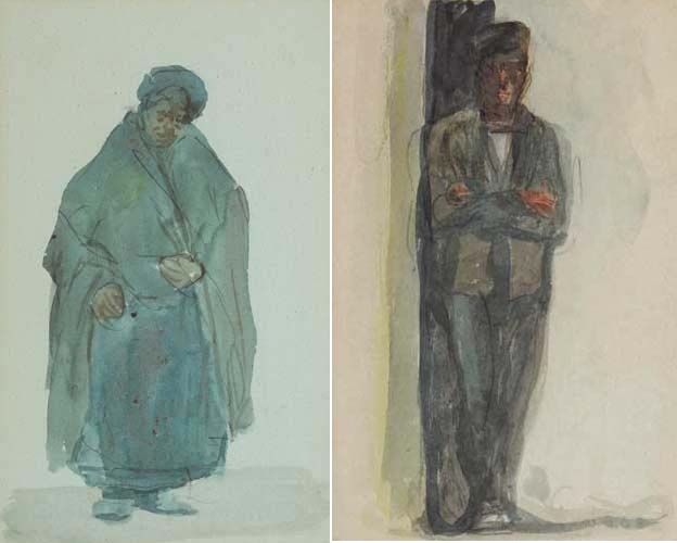 DUBLINERS - OLD WOMAN IN SHAWL and MAN IN A CAP LEANING IN A DOORWAY (A PAIR) by Michael Healy (1873-1941) at Whyte's Auctions