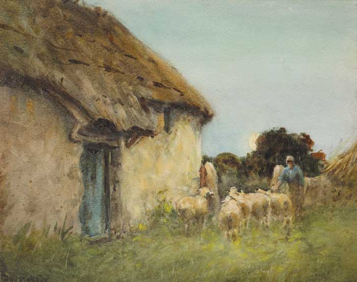 WOMAN HERDING SHEEP OUTSIDE A THATCHED CROFT by Dorothy M. Cox RBA (English, born 1882) RBA (English, born 1882) at Whyte's Auctions