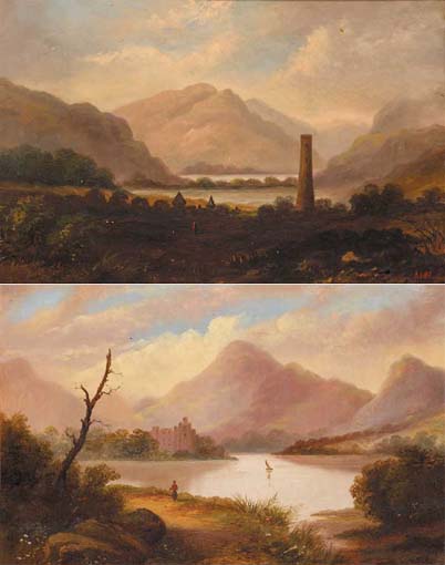 THE ROUND TOWER, GLENDALOUGH and CASTLE ON A LAKE, POSSIBLY ROSS CASTLE, KILLARNEY (A PAIR) at Whyte's Auctions