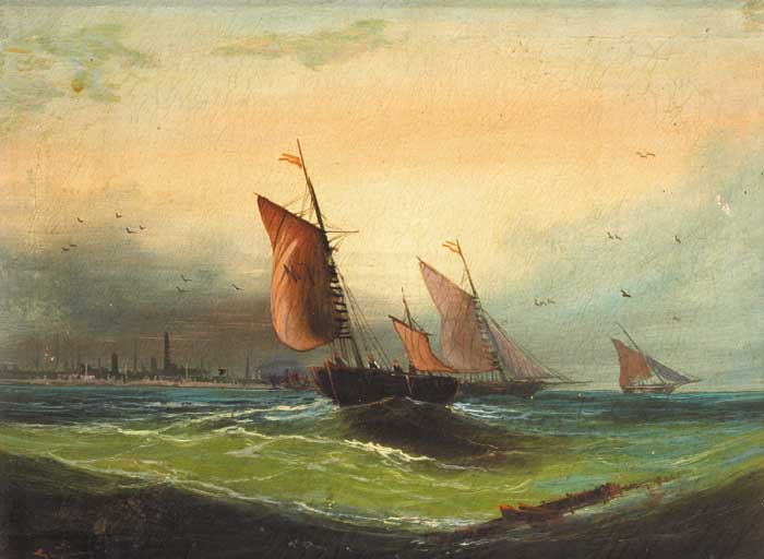 FISHING VESSELS ON A HIGH SEA WITH SMOKE STACKS ON THE SHORE BEYOND at Whyte's Auctions