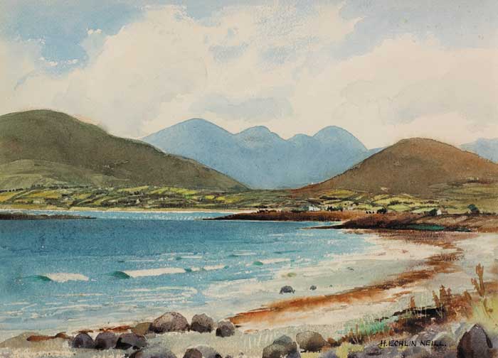 MOURNE MOUNTAINS FROM GREENCASTLE AT CARLINGFORD LOUGH, 1955 by Henry Echlin Neill RUA (1888-1981) RUA (1888-1981) at Whyte's Auctions