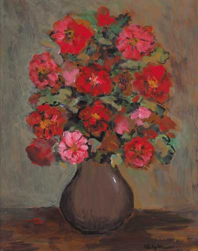RED CHRISTMAS ROSES IN A VASE by Gladys Maccabe MBE HRUA ROI FRSA (1918-2018) at Whyte's Auctions