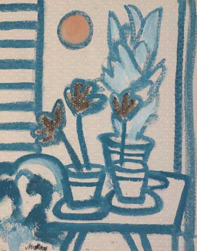BLUE STILL LIFE (POT PLANTS ON A TABLE BEFORE AN OPEN WINDOW) by Markey Robinson (1918-1999) at Whyte's Auctions