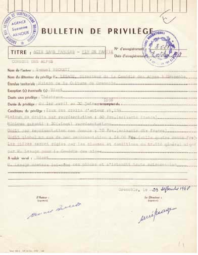 Licence certificate for a French production of Endgame, 1968, plus two autograph letter and relate.. by Samuel Beckett (1906-1989) at Whyte's Auctions