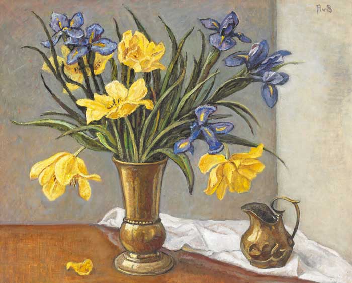 IRISES AND LILIES IN A COPPER VASE by Hilda Van Stockum HRHA (1908-2006) HRHA (1908-2006) at Whyte's Auctions