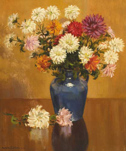 FLOWER PIECE (CHRYSANTHEMUMS IN A BLUE JUG) by Maurice Canning Wilks RUA ARHA (1910-1984) RUA ARHA (1910-1984) at Whyte's Auctions