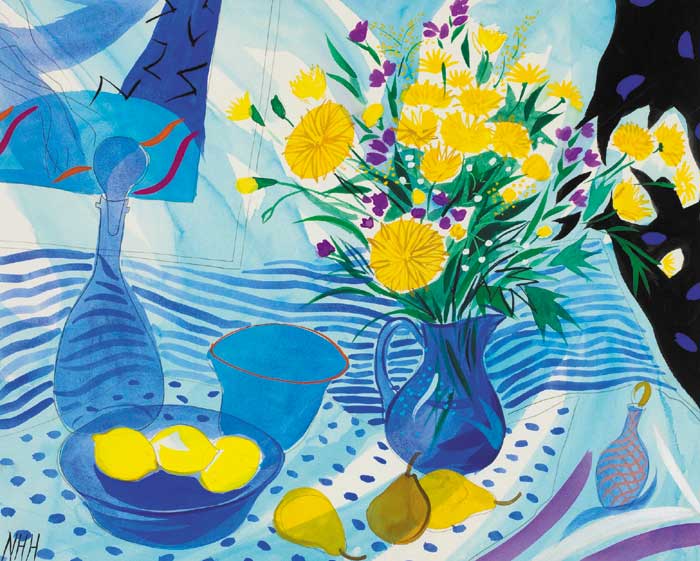 BLUE STILL LIFE WITH FLOWERS AND MATISSE PRINT by Nicholas Hely Hutchinson (b.1955) (b.1955) at Whyte's Auctions
