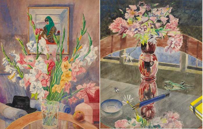 INTERIOR WITH VASE OF GLADIOLI, 1957 and STILL LIFE WITH MIXED FLOWERS ON A GLASS-TOP TABLE (A PAIR) by Harry Kernoff sold for �12,000 at Whyte's Auctions