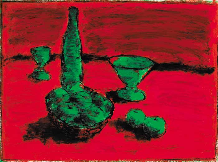 WINE BOTTLE AND GOBLETS WITH BOWL OF APPLES, 1996 by Neil Shawcross MBE RHA HRUA (b.1940) at Whyte's Auctions