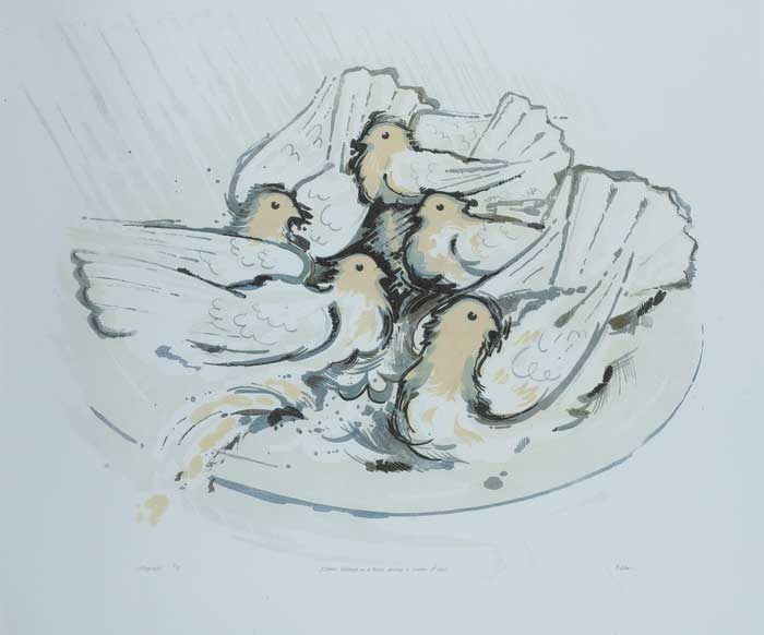 PIGEONS BATHING IN A BASIN DURING A SHOWER OF RAIN by Liam O Broin (b.1944) at Whyte's Auctions