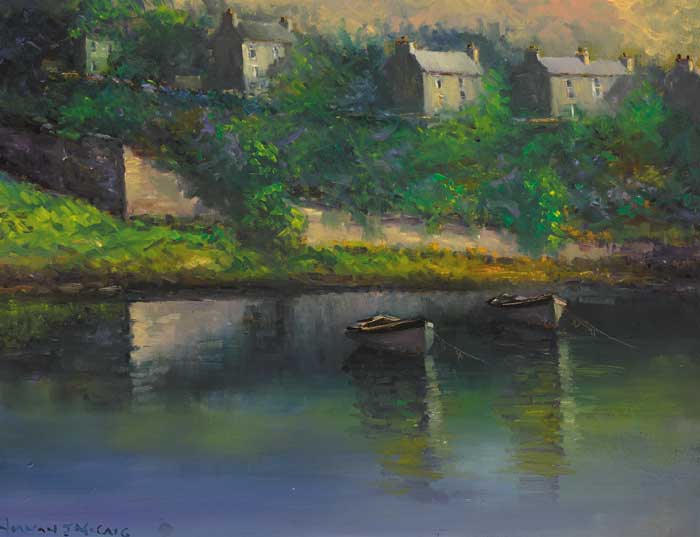 BOATS MOORED IN A RIVER WITH HOUSES ON A BANK BEYOND by Norman J. McCaig (1929-2001) at Whyte's Auctions