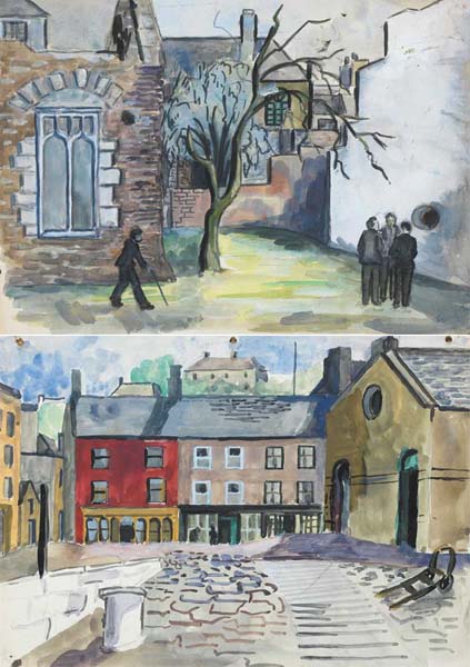 FIGURES OUTSIDE A RUINED CHURCH and FISHING VILLAGE IN WEST CORK (A PAIR) by Sylvia Cooke-Collis (1900-1973) at Whyte's Auctions