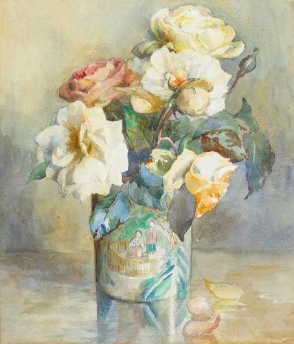 YELLOW ROSES IN VASE WITH CHINESE FIGURES by Moyra Barry sold for �1,700 at Whyte's Auctions