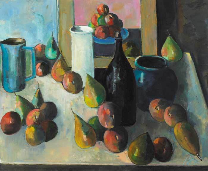 STILL LIFE, PEARS AND BLACK BOTTLE, 1999 by Peter Collis sold for �6,700 at Whyte's Auctions