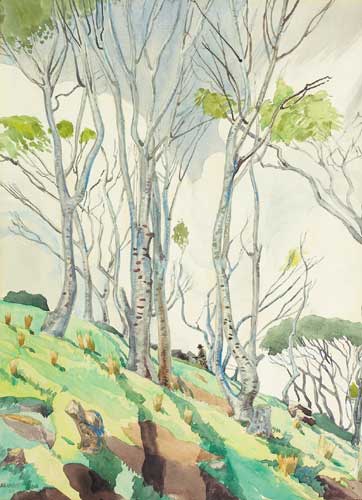 HILLSIDE WITH ARTIST SKETCHING BENEATH BIRCH TREES, 1933 by Harry Kernoff RHA (1900-1974) at Whyte's Auctions