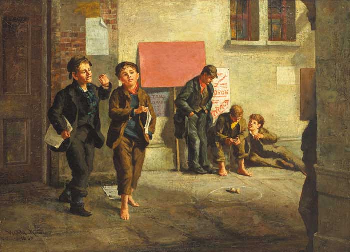 STREET SCENE WITH NEWSPAPER VENDORS AND BOYS PLAYING A GAME OF SPINNER, 1885 by William Gibbes MacKenzie ARHA (1857-1924) at Whyte's Auctions