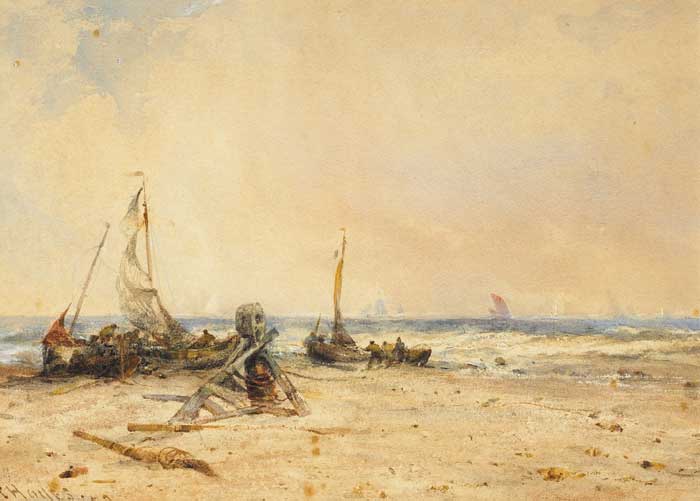 HAULING BOATS ASHORE, 1877 by Edwin Hayes sold for �3,000 at Whyte's Auctions