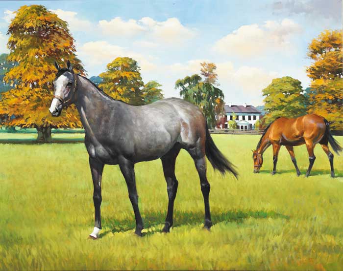 A GREY MARE AND A BAY IN PASTURE BEFORE A COUNTRY HOUSE by Peter Curling (b.1955) at Whyte's Auctions