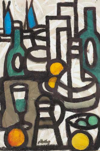 STILL LIFE WITH WINE BOTTLES AND FRUIT, BLUE SAILS BEYOND by Markey Robinson (1918-1999) at Whyte's Auctions
