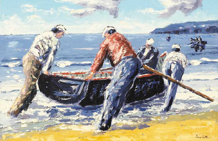 LAUNCHING THE CURRACH, ACHILL ISLAND, COUNTY MAYO by Ivan Sutton sold for �3,000 at Whyte's Auctions