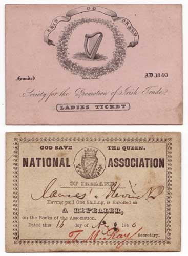 1840s NATIONAL ASSOCIATION OF IRELAND AND OTHER MEMBERSHIP CARDS at Whyte's Auctions