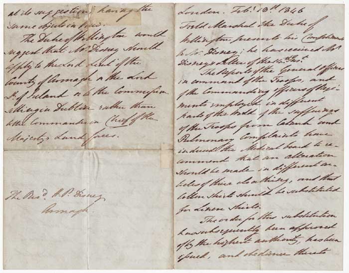 1846. LETTER REGARDING THE FAMINE by Arthur Wellesley, Field Marshal, Duke of Wellington (1769-1852) at Whyte's Auctions