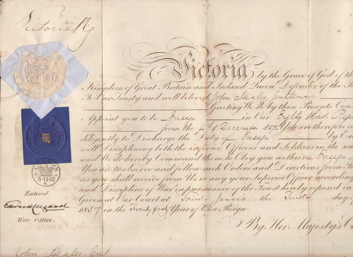 LT. COLONEL JOHN HEALEY 1827-1909 - COMMISSION SIGNED BY QUEEN VICTORIA AND OTHER DOCUMENTS at Whyte's Auctions