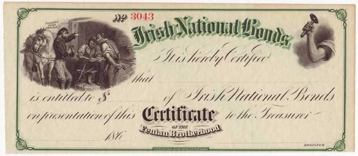 1860s FENIAN BROTHERHOOD IRISH NATIONAL BONDS CERTIFICATE at Whyte's Auctions