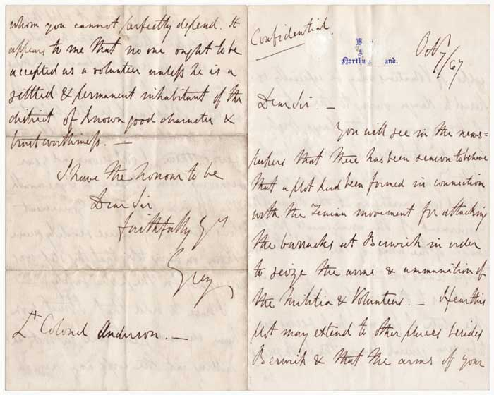 1867 (October 7) LETTER CONCERNING A 'FENIAN PLOT' TO ATTACK THE MILITARY BARRICADES AT BERWICK at Whyte's Auctions