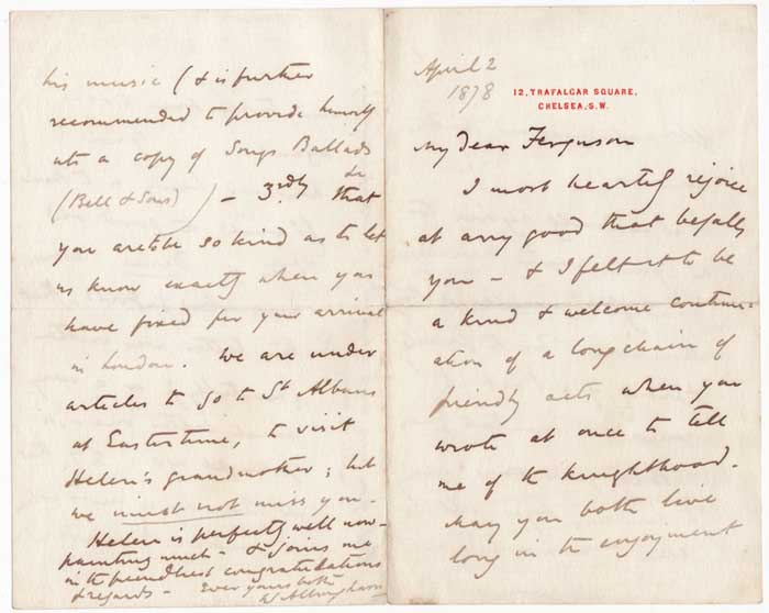 LETTER TO SIR SAMUEL FERGUSON, 1878, plus two others by William Allingham (1824-1889), Donegal born poet at Whyte's Auctions