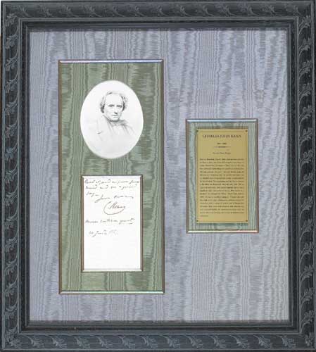 FRAMED AUTOGRAPH, 1859 by Charles Kean, famous Irish Actor (1811-1868) at Whyte's Auctions