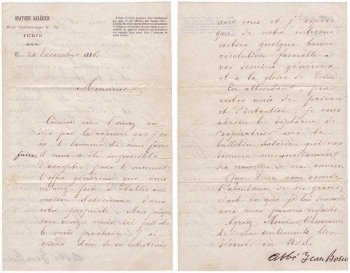 1886 LETTER FROM SAINT JOHN BOSCO (1815-1888) TO JOHN SWEETMAN, DUBLIN at Whyte's Auctions