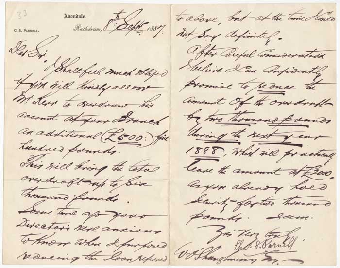 1887 (September 8) AUTOGRAPH LETTER by Charles Stewart Parnell (1846-1891) at Whyte's Auctions