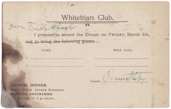 AUTOGRAPHED WHITEFRIARS CLUB POSTCARD at Whyte's Auctions