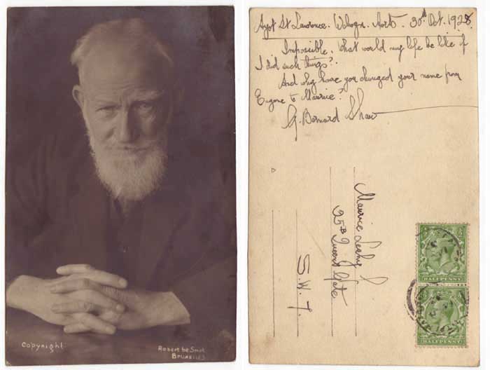 AUTOGRAPH NOTE ON POSTCARD WITH HIS PORTRAIT by George Bernard Shaw (1856-1950) at Whyte's Auctions