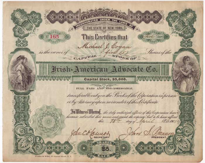 1903 IRISH AMERICAN ADVOCATE COMPANY STOCK CERTIFICATE at Whyte's Auctions