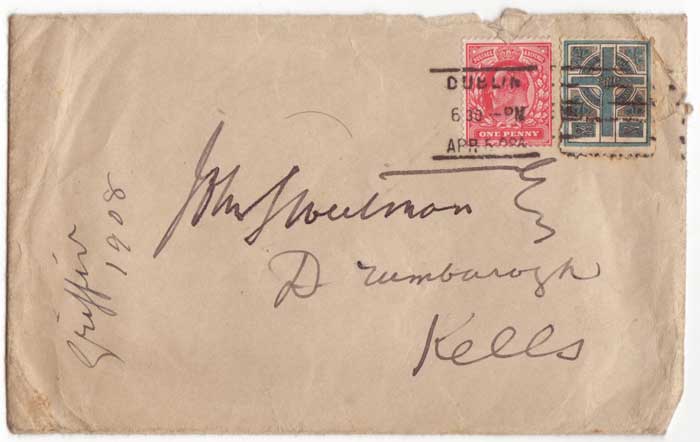 1908 SINN Fin STAMP POSTALLY USED ON ENVELOPE SENT BY ARTHUR GRIFFITH at Whyte's Auctions